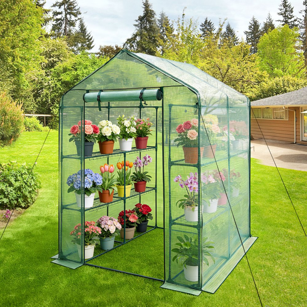 VEVOR Walk-in Greenhouse, 55.5" x 56.1" x 78.7" Greenhouse for Outdoors with PE Cover, 2 Tiers 8 Shelves, Roll-Up