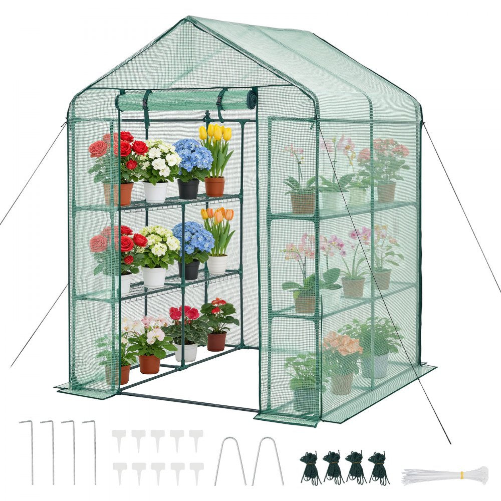 VEVOR Walk-in Greenhouse, 55.5" x 56.1" x 78.7" Greenhouse for Outdoors with PE Cover, 2 Tiers 8 Shelves, Roll-Up