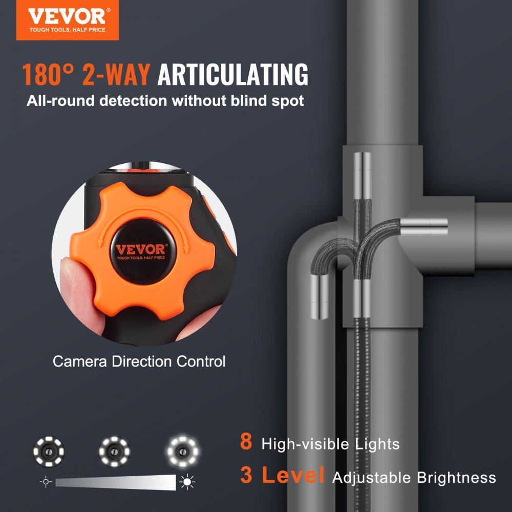 VEVOR Two-Way Articulating Borescope with Light, Inspection Camera with 0.25" Lens, 5" IPS HD Screen, Flexible Mechanic