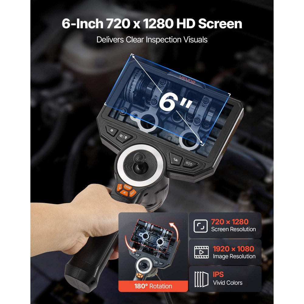 VEVOR Articulating Endoscope with Light, 4-Way 360° Articulated Borescope Camera, 6" HD IPS Screen, 1920 x 1080 Lens