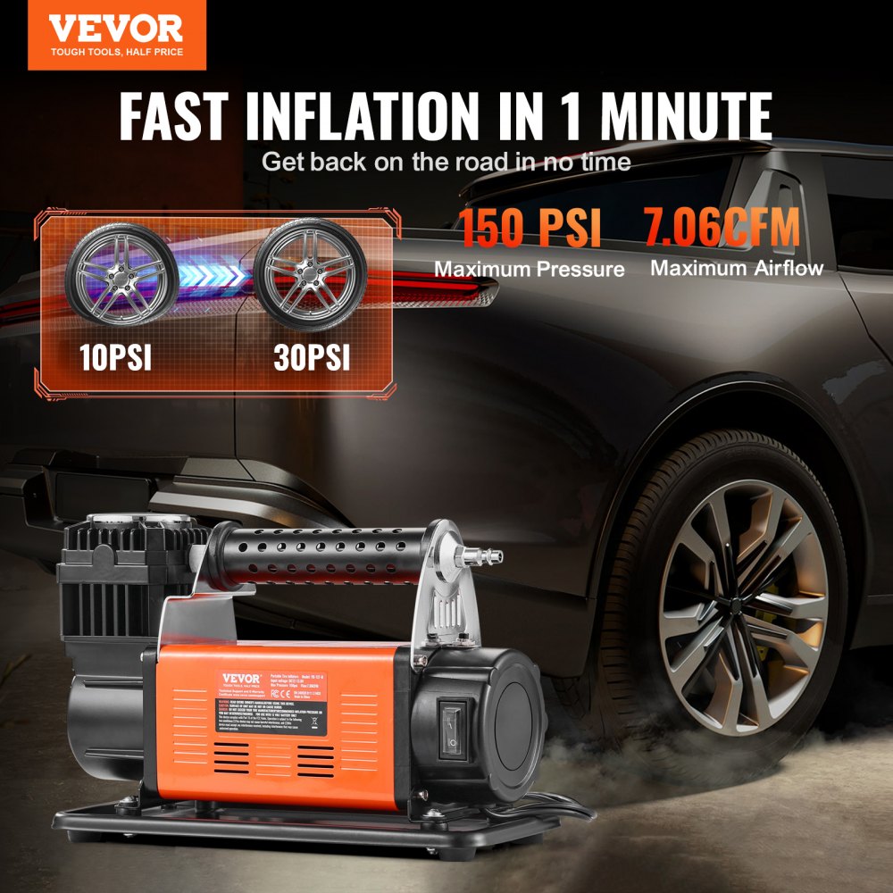 VEVOR 12V Heavy Duty Air Compressor - with Digital Pressure Gauge Tire Inflator Kit, 7.06 CFM Portable Tire Inflator