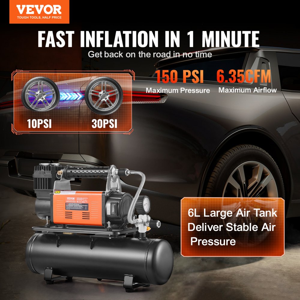 VEVOR 12V Heavy Duty Air Compressor with 6L Tank Kit, 6.35 CFM Portable Tire Inflator, 150PSI Offroad Air Compressor