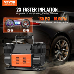 VEVOR 10.6 CFM Heavy Duty Air Compressor, 30s Fast Inflation | Dual-Cylinder Portable Tire Inflator, 12V 150PSI Offroad