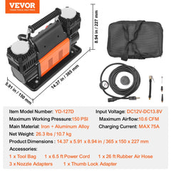 VEVOR 10.6 CFM Heavy Duty Air Compressor, 30s Fast Inflation | Dual-Cylinder Portable Tire Inflator, 12V 150PSI Offroad