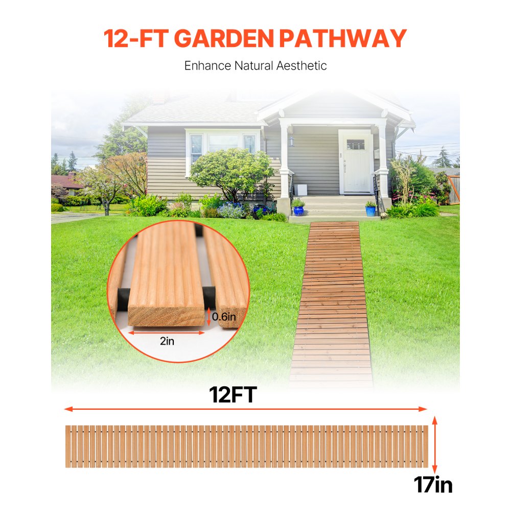 VEVOR Wooden Garden Pathway, 12 ft L x 17 in W, Non-Slip Straight Garden Walkway, Roll Out Cedar Outdoor Walkway Path