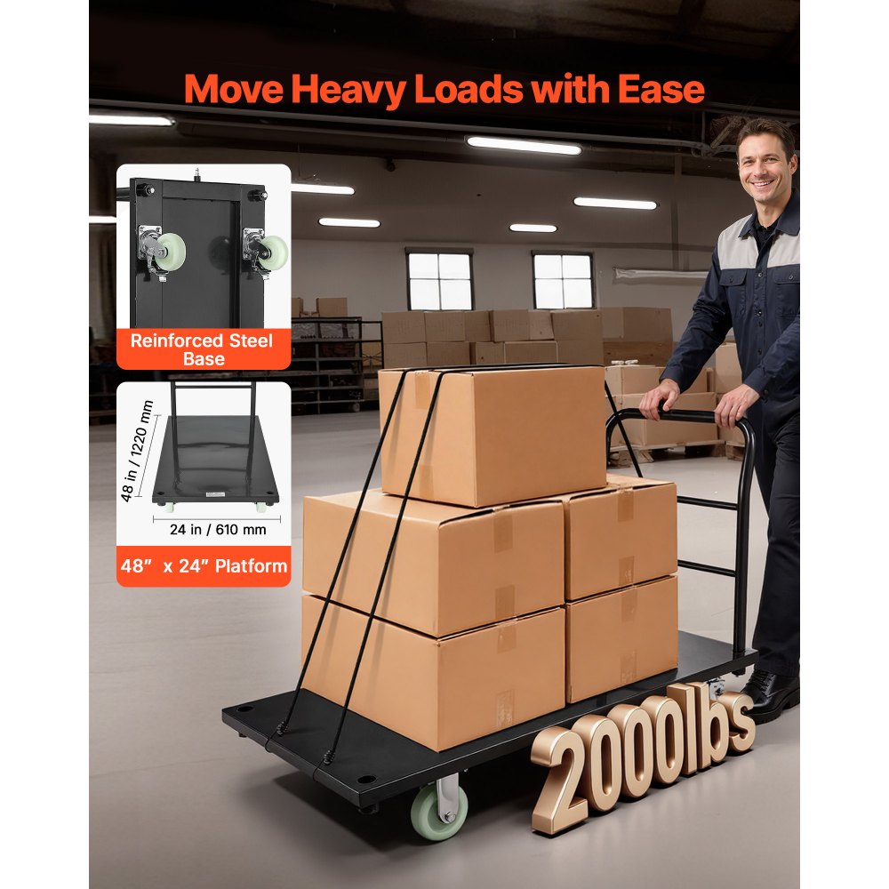 VEVOR Heavy Duty Platform Truck, 2000 lbs Capacity, Industrial Steel Flatbed Cart with Swivel Wheels and Handle