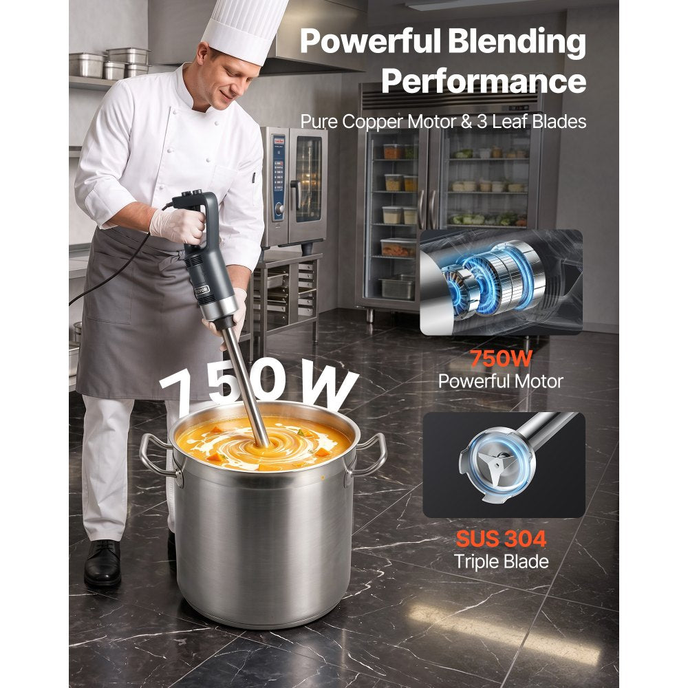 VEVOR Commercial Immersion Blender, 750W 20" Heavy Duty Hand Mixer, Variable Speed Kitchen Stick Mixer with 304