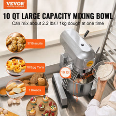 VEVOR Commercial Food Mixer, 10L Commercial Stand Mixer with 3 Adjustable Speeds, 550W Dough Mixer with Stainless Steel