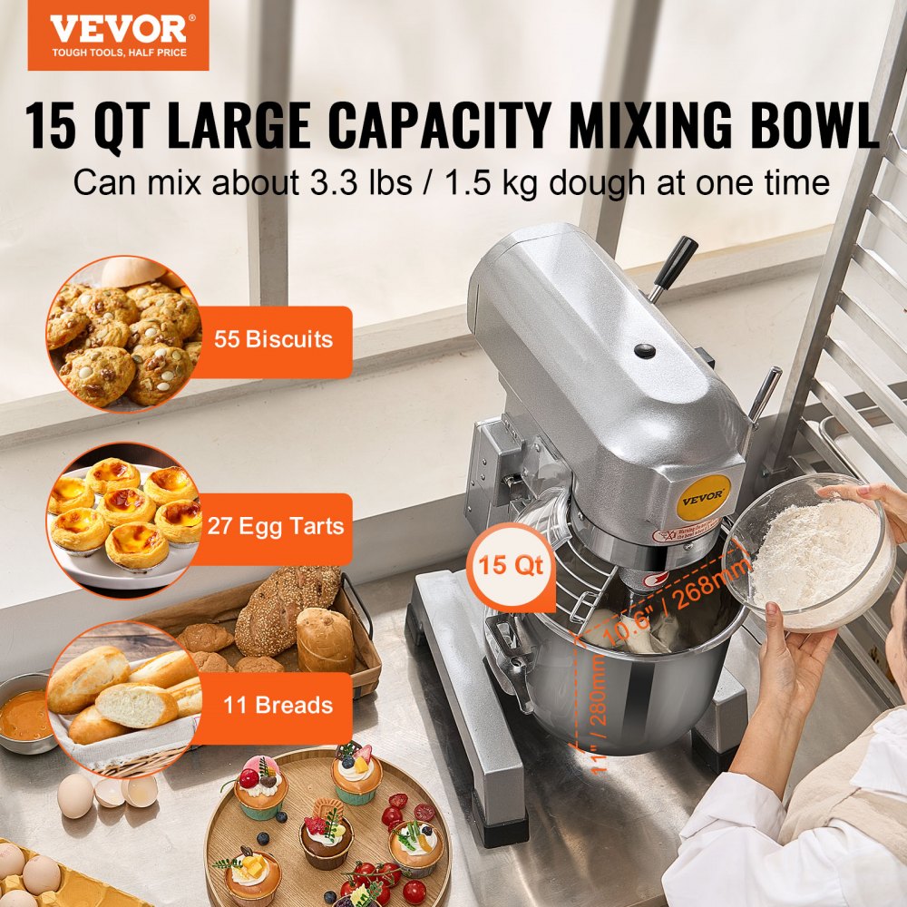 VEVOR Commercial Food Mixer, 14L Commercial Stand Mixer with 3 Adjustable Speeds, 550W Dough Mixer with Stainless Steel