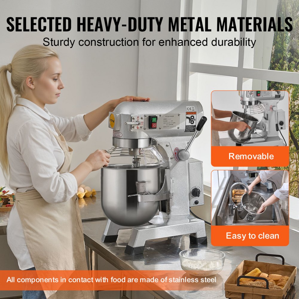 VEVOR Commercial Food Mixer, 14L Commercial Stand Mixer with 3 Adjustable Speeds, 550W Dough Mixer with Stainless Steel
