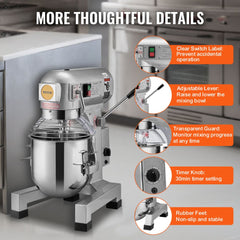 VEVOR Commercial Food Mixer, 14L Commercial Stand Mixer with 3 Adjustable Speeds, 550W Dough Mixer with Stainless Steel