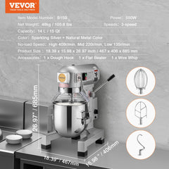 VEVOR Commercial Food Mixer, 14L Commercial Stand Mixer with 3 Adjustable Speeds, 550W Dough Mixer with Stainless Steel