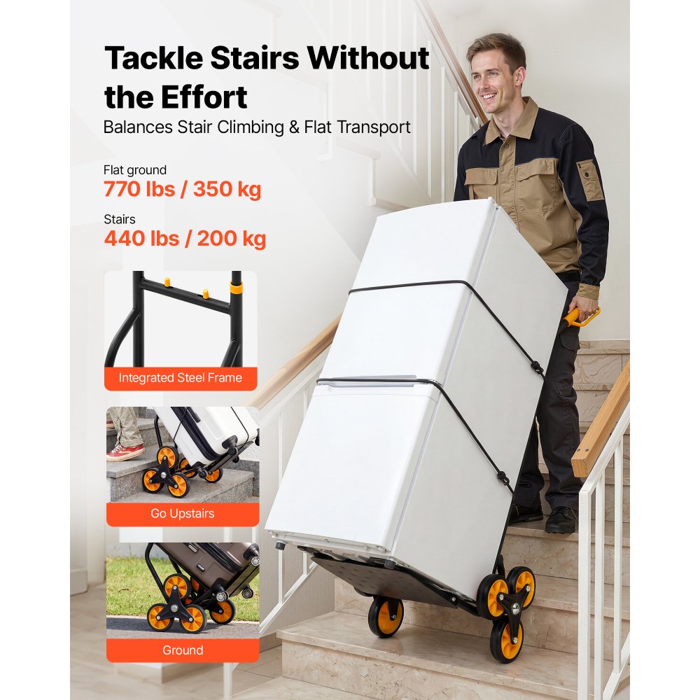 VEVOR Stair Climbing Cart, 770 lbs Stair-Climbing Capacity, Heavy-Duty Folding Trolley Cart with Telescoping Handle, 6