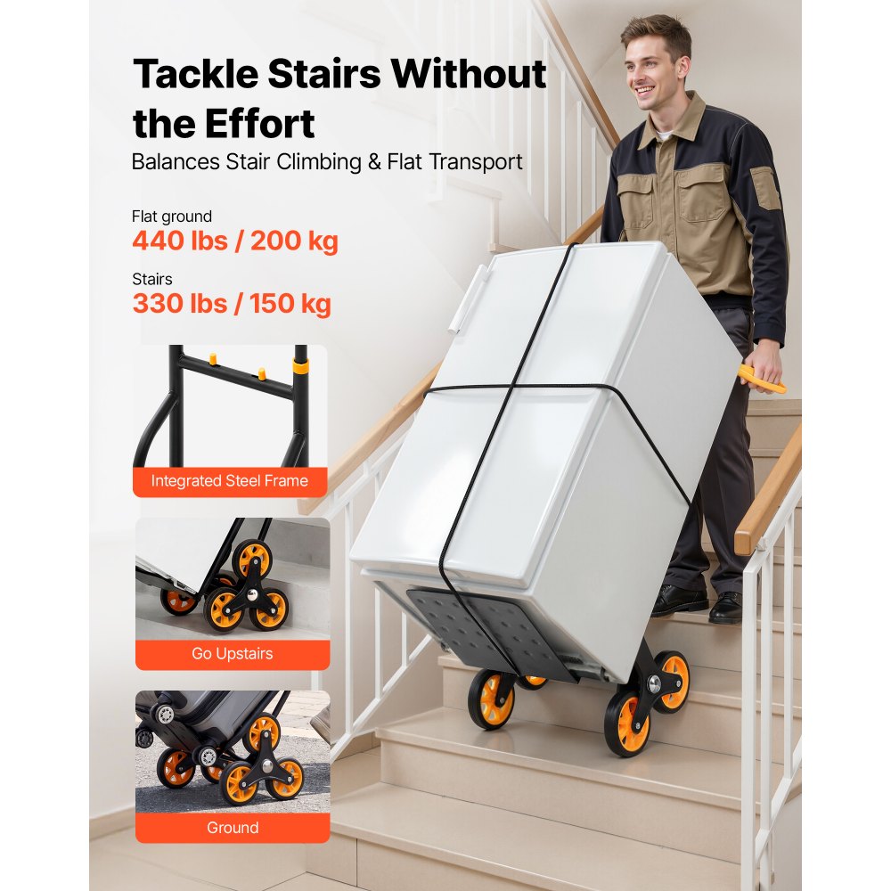 VEVOR Stair Climbing Cart, 440 lbs Stair-Climbing Capacity, Heavy-Duty Folding Trolley Cart with Telescoping Handle, 6