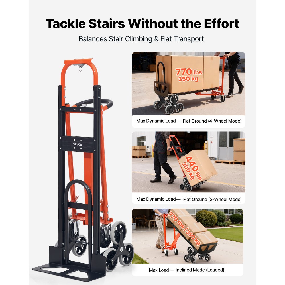 VEVOR 3 in 1 Industrial Convertible Stair Climbing Cart, 770 lbs Max Load, Folding Hand Truck Dolly with Handle &