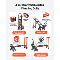 VEVOR 3 in 1 Industrial Convertible Stair Climbing Cart, 770 lbs Max Load, Folding Hand Truck Dolly with Handle &
