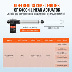 VEVOR Linear Actuator 12V, 8 Inch Heavy Duty 1320lbs/6000N Linear Actuator, 0.19"/s Linear Motion Actuator with