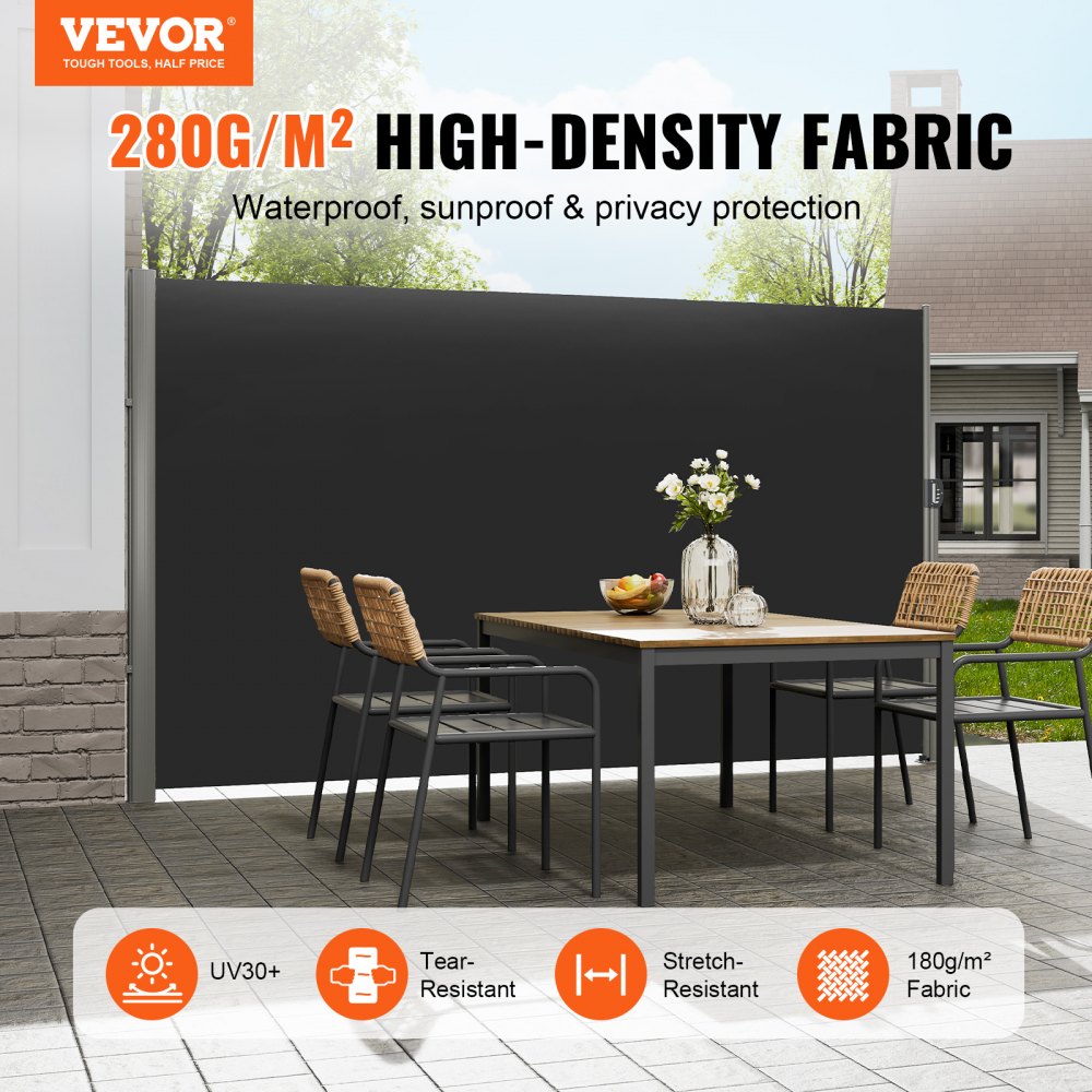 VEVOR Retractable Side Awning, 71''x 118'' Aluminum Outdoor Privacy Screen, 280g Polyester Water-proof Retractable