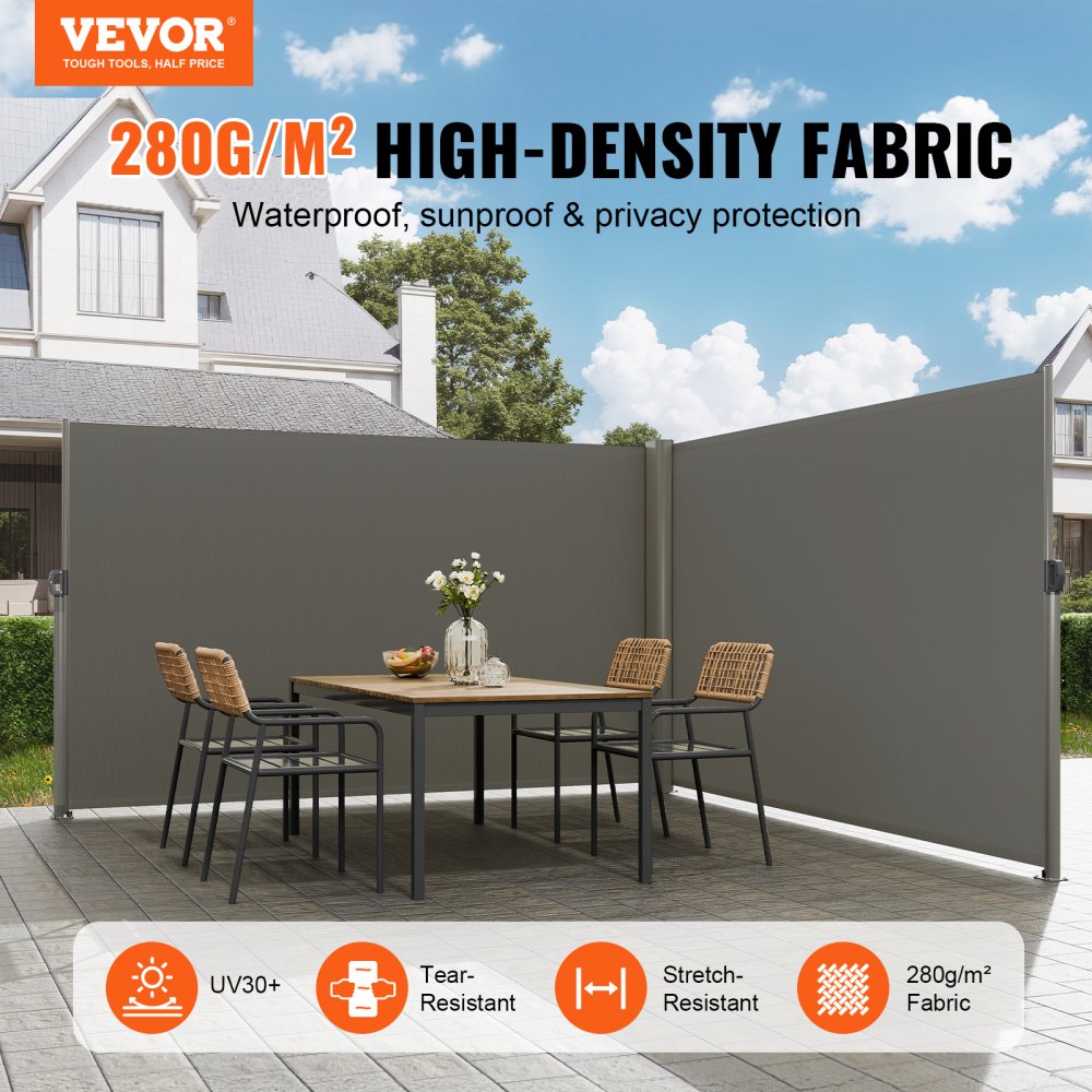 VEVOR Retractable Side Awning, 71''x 236'' Aluminum Outdoor Privacy Screen, 280g Polyester Water-proof Retractable