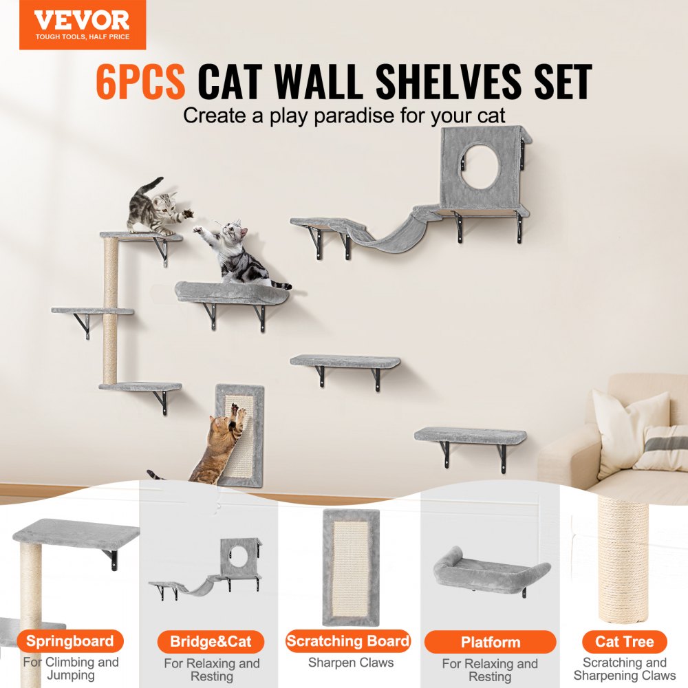 VEVOR Wall Mounted Cat Shelves, Cat Wall Shelves and Perches with Jumping Boards, Hammock, Sofa, Cat Tree & Cat Grip