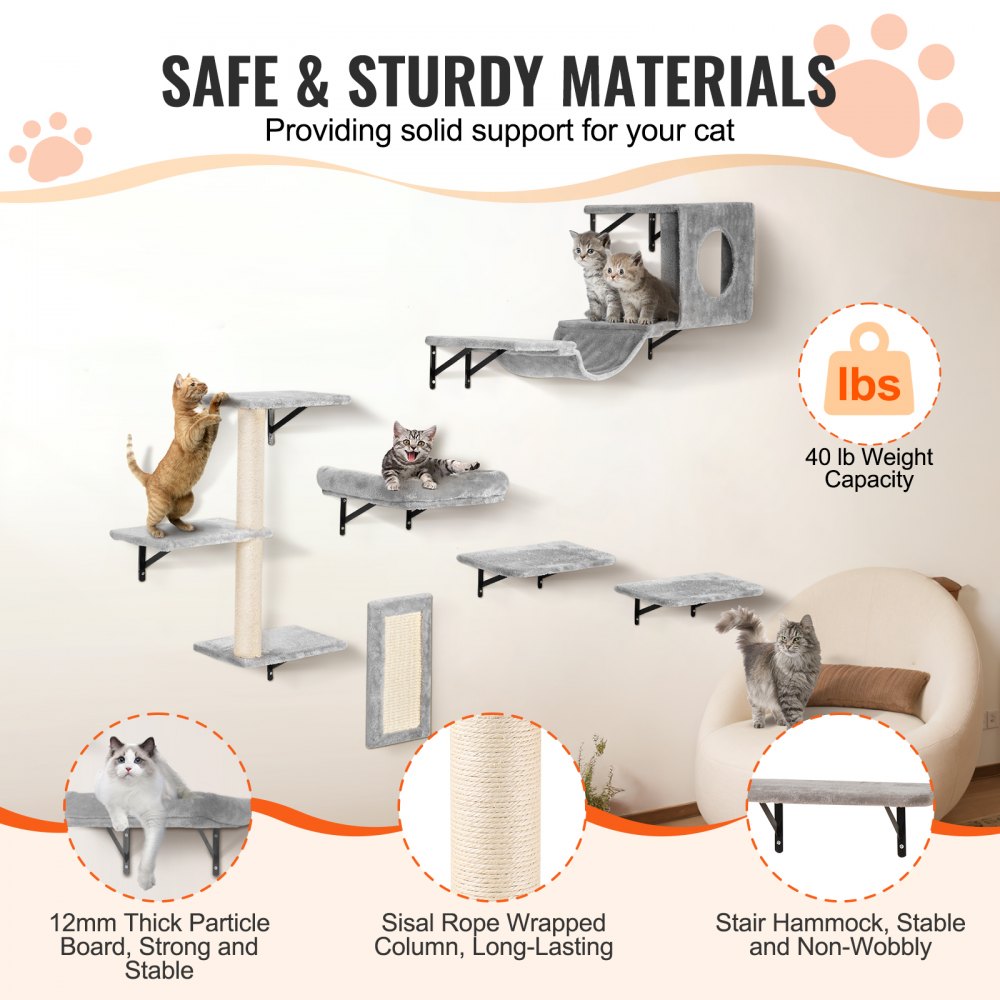 VEVOR Wall Mounted Cat Shelves, Cat Wall Shelves and Perches with Jumping Boards, Hammock, Sofa, Cat Tree & Cat Grip