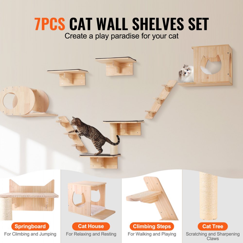 VEVOR Wall Mounted Cat Shelves, Cat Wall Shelves and Perches with Jumping Boards, Cat Beds, Hammocks & Cat Tree, Cat