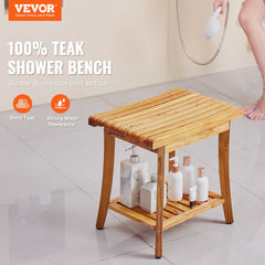 VEVOR Teak Shower Bench, 20 x 14.3 x 17.9 in, Waterproof Wood Shower Stool with Storage Shelf Non-Slip Foot Pads, 400