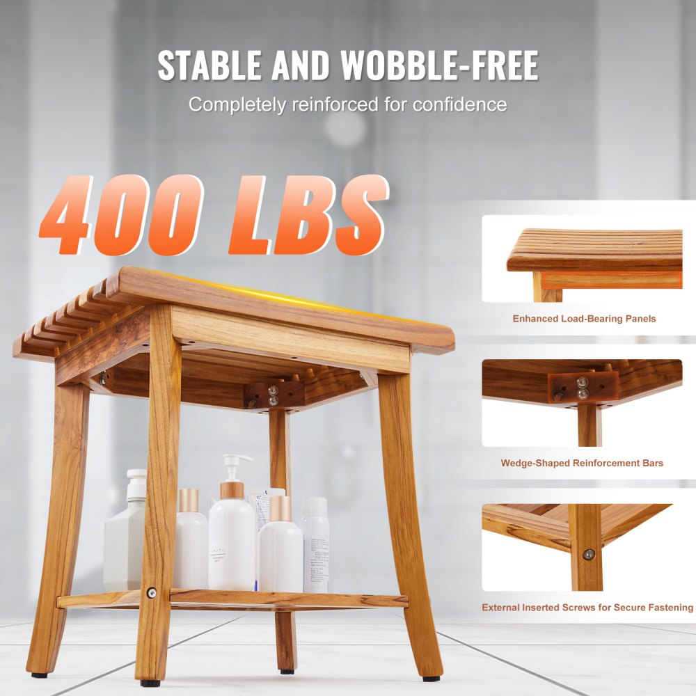 VEVOR Teak Shower Bench, 20 x 14.3 x 17.9 in, Waterproof Wood Shower Stool with Storage Shelf Non-Slip Foot Pads, 400