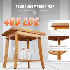 VEVOR Teak Shower Bench, 20 x 14.3 x 17.9 in, Waterproof Wood Shower Stool with Storage Shelf Non-Slip Foot Pads, 400