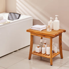 VEVOR Teak Shower Bench, 20 x 14.3 x 17.9 in, Waterproof Wood Shower Stool with Storage Shelf Non-Slip Foot Pads, 400