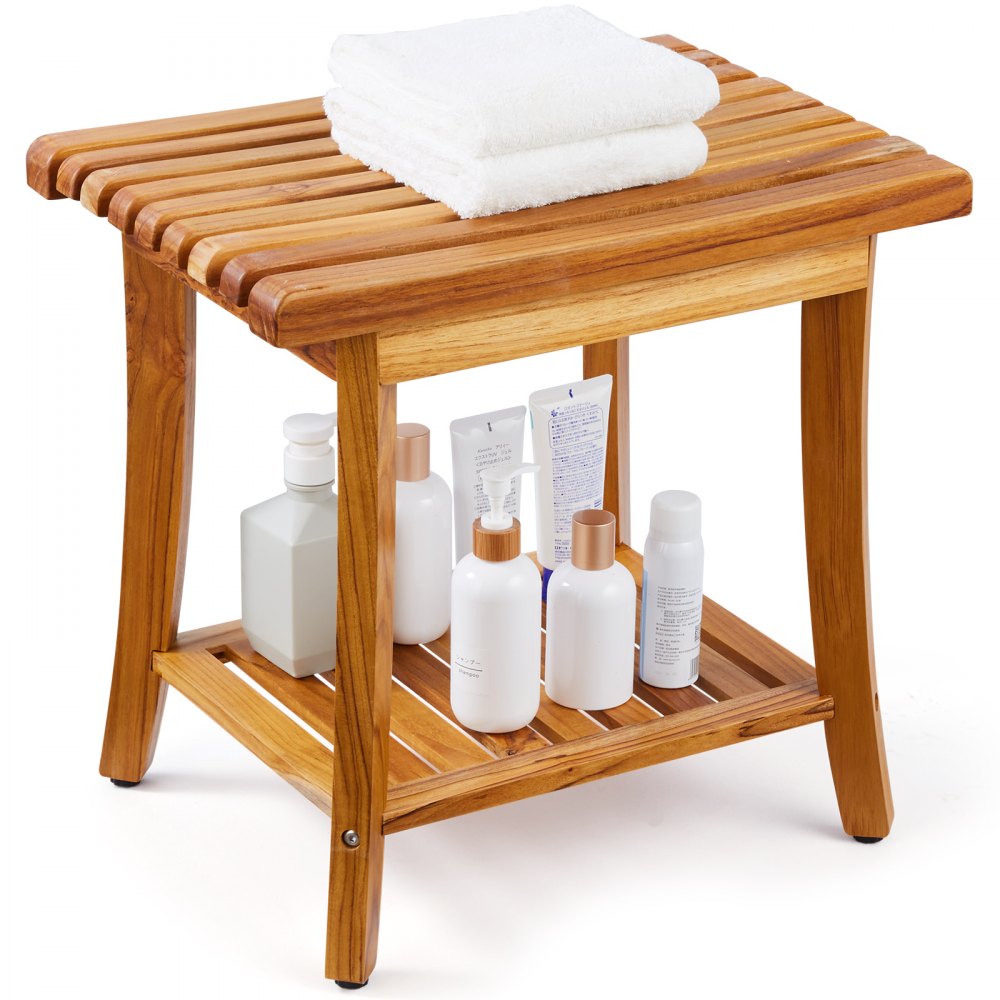 VEVOR Teak Shower Bench, 20 x 14.3 x 17.9 in, Waterproof Wood Shower Stool with Storage Shelf Non-Slip Foot Pads, 400