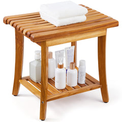 VEVOR Teak Shower Bench, 20 x 14.3 x 17.9 in, Waterproof Wood Shower Stool with Storage Shelf Non-Slip Foot Pads, 400