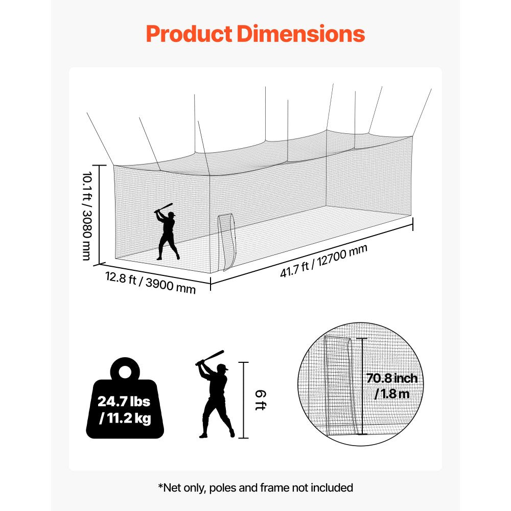 VEVOR Baseball Batting Cage, 41.7 x 12.8 x 10.1 FT Freestanding Portable Batting Cage, Hitting Cages with 30-Ply