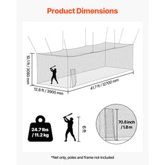 VEVOR Baseball Batting Cage, 41.7 x 12.8 x 10.1 FT Freestanding Portable Batting Cage, Hitting Cages with 30-Ply