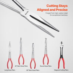 VEVOR 5-Piece Needle Nose Pliers, 11 in Long Needle Nose Pliers Set, Diagonal Cutting Pliers, 45°/ 90° Bent Nose Plier