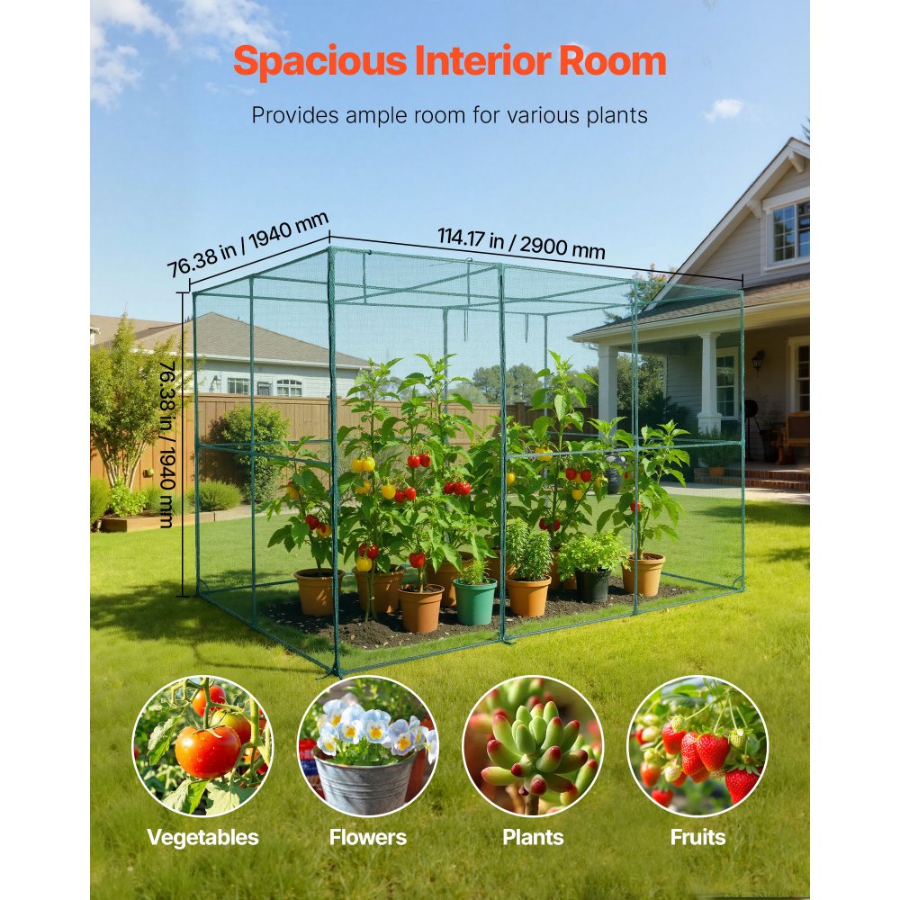 VEVOR Crop Cage, 9.5 x 6.36 x 6.36 ft Plant Protection Tent with Zippered Door, Wind-Resistant Tall Crop Cage, Easy to