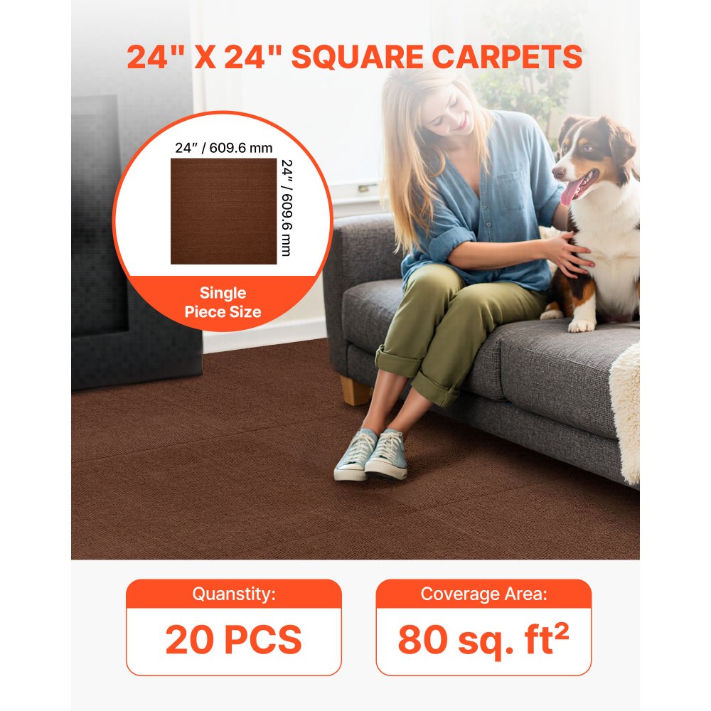 VEVOR Carpet Tiles 24x24 inch, 20 Pack Peel and Stick Carpet Square Rug, Self Adhesive Commercial Floor Soft Padded for
