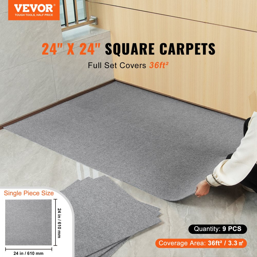 VEVOR Carpet Tiles Peel and Stick, 24" x 24" Squares Self Adhesive Carpet Floor Tile, Soft Padded Carpet Tiles, Easy
