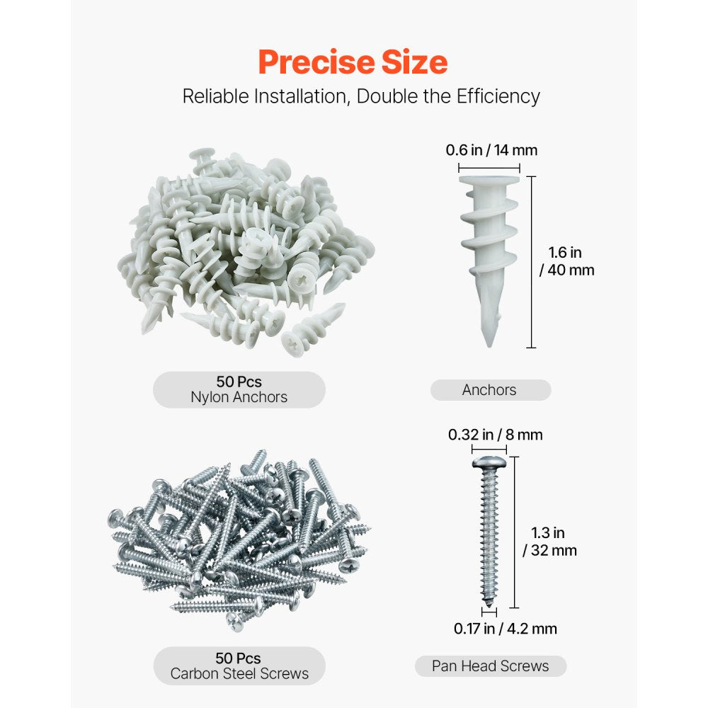 VEVOR Self Drilling Drywall Anchors, 100 PCS Dry Wall Anchors and Screws, Drywall Anchors Kit with Screws, No Drill