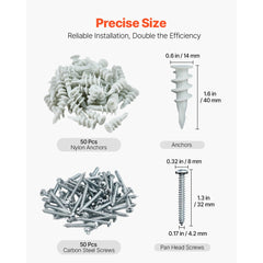 VEVOR Self Drilling Drywall Anchors, 100 PCS Dry Wall Anchors and Screws, Drywall Anchors Kit with Screws, No Drill