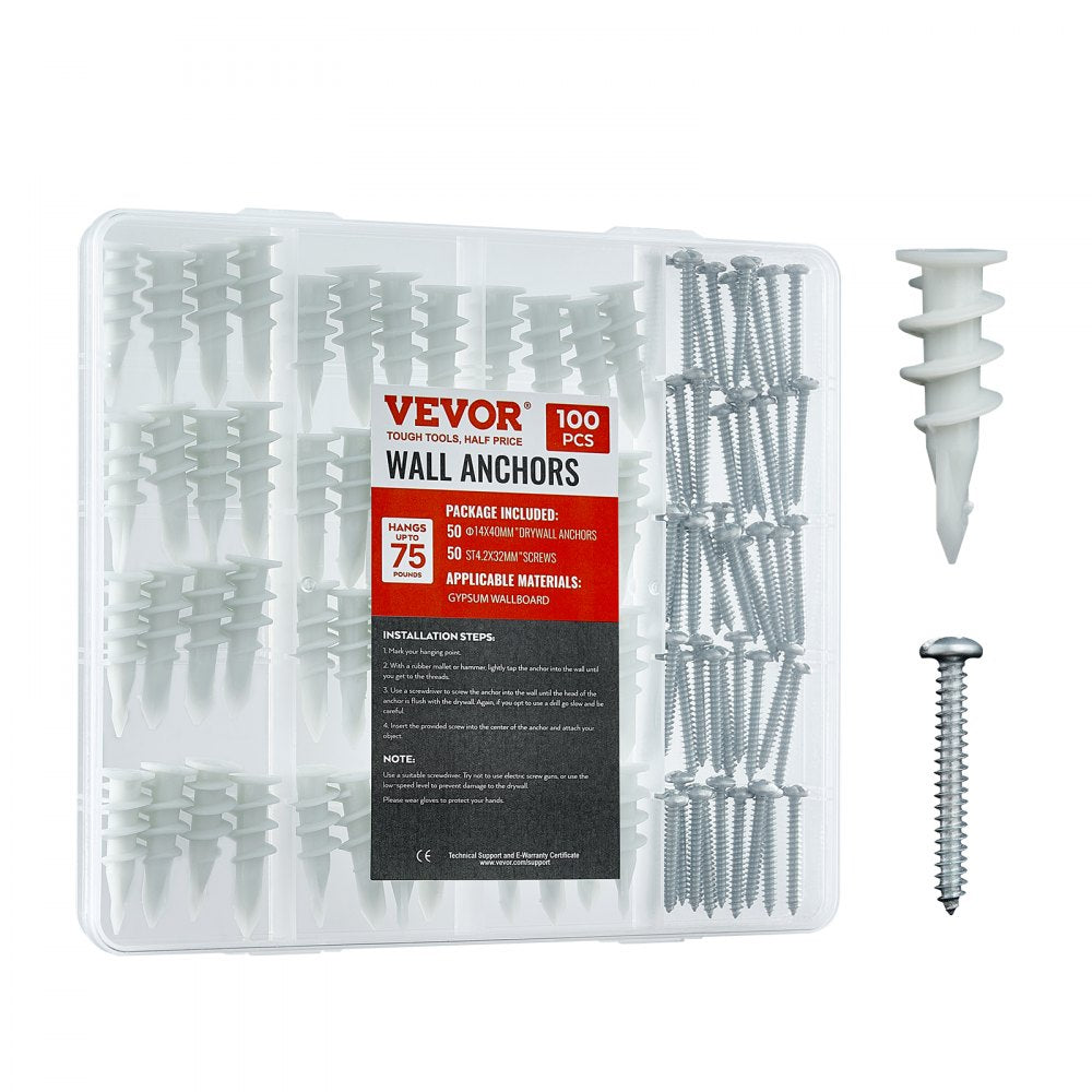 VEVOR Self Drilling Drywall Anchors, 100 PCS Dry Wall Anchors and Screws, Drywall Anchors Kit with Screws, No Drill