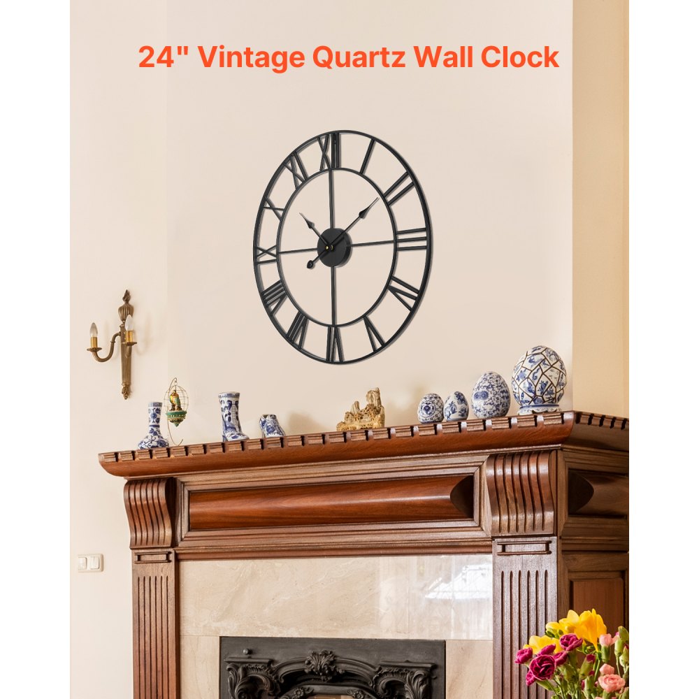 VEVOR Wall Clock, 24 in Wall Clock Roman Numerals, Battery Operated Non Ticking Silent Classic Decorative Round Clocks