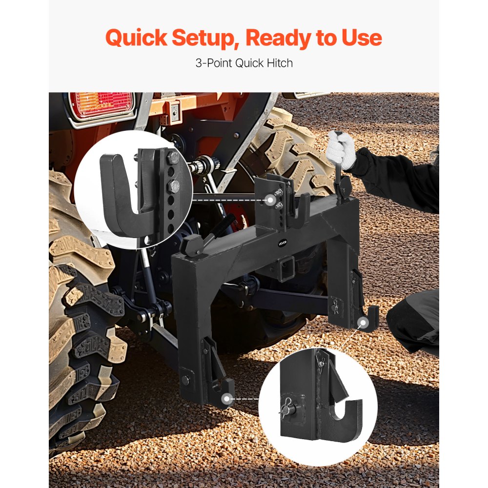 VEVOR 3-Point Quick Hitch with 2 in Receiver, 3000 Lbs Lift Capacity, 3-Pt Hitch with 5 Level Adjustable Bolt