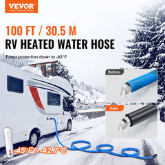 VEVOR 100ft Heated Water Hose for RV, Heated Drinking Water Hose with Corrugated Cover Antifreeze to -45°F, Automatic