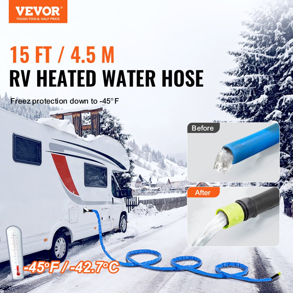 VEVOR 15ft Heated Water Hose for RV, Heated Drinking Water Hose with Corrugated Cover Antifreeze to -45°F, Automatic