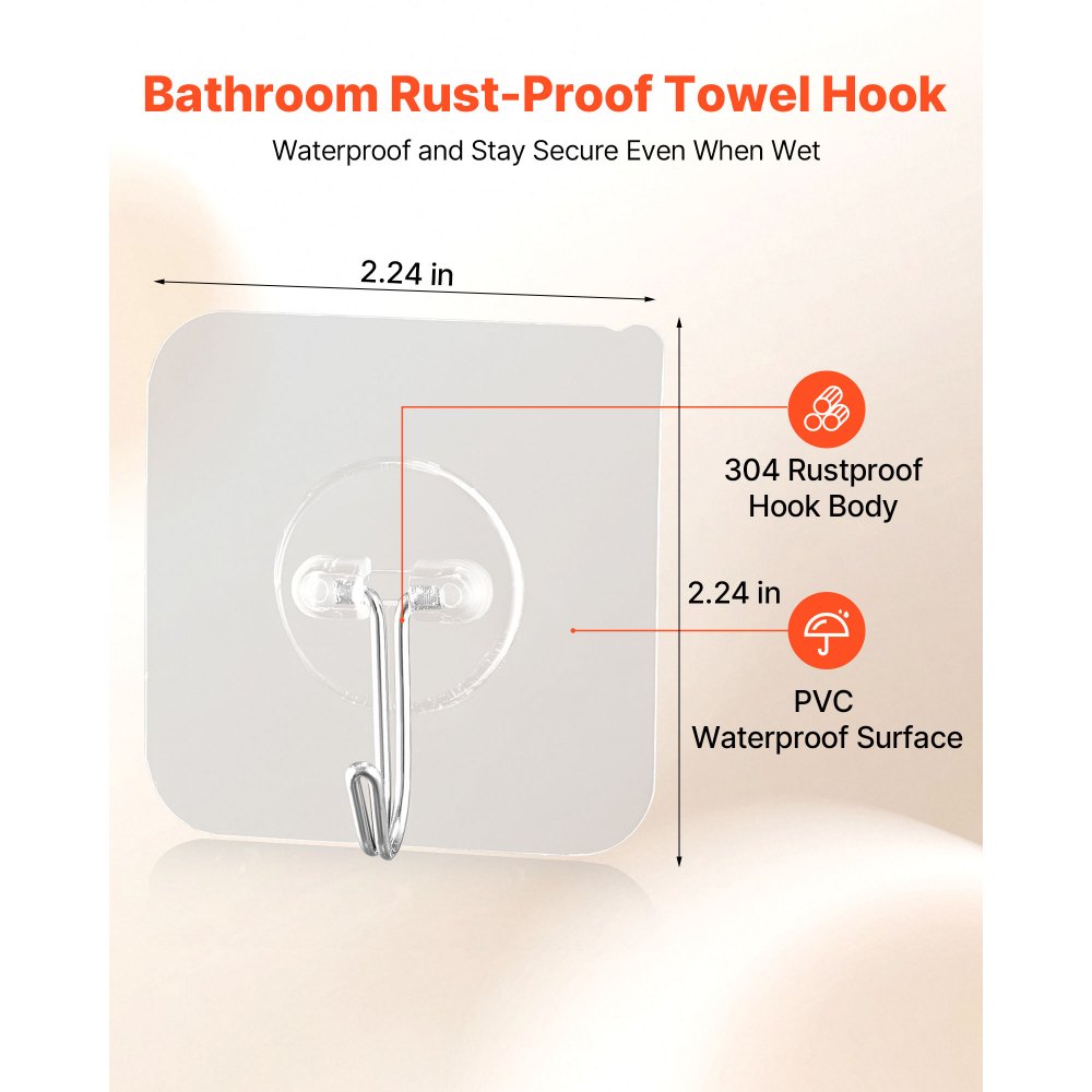 VEVOR Adhesive Hooks, 12 Pack Self-Adhesive Towel Coat Hooks, Heavy-Duty Wall Hook Hold 15 lbs (Max), Stainless Steel