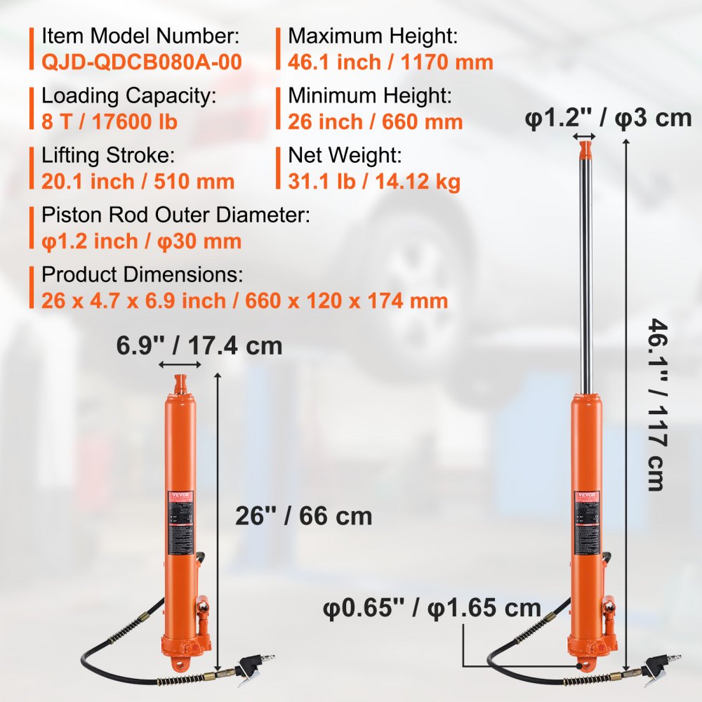 VEVOR Hydraulic Long Ram Jack, 8 Ton Engine Hoist Cylinder with Air Pump and Single Piston Pump, Hydraulic Ram Cylinder