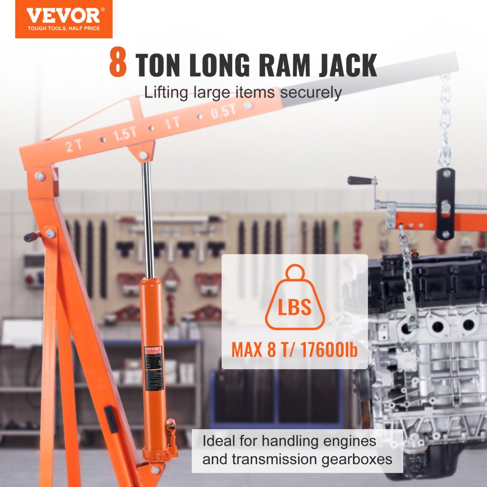 VEVOR Hydraulic Long Ram Jack, 8 Ton Engine Hoist Cylinder with Single Piston Pump And Clevis Base, Hydraulic Ram