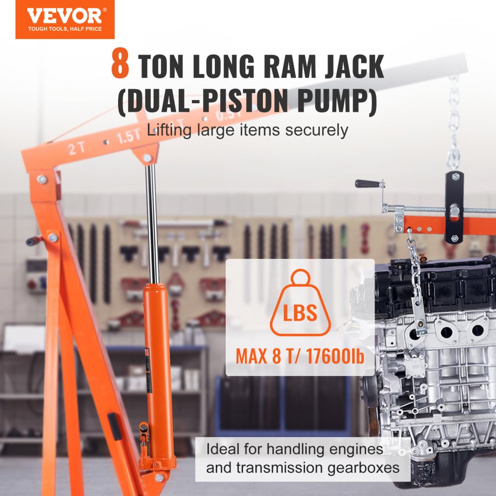 VEVOR Hydraulic Long Ram Jack, 8 Ton Engine Hoist Cylinder with Double Piston Pump And Clevis Base, Hydraulic Ram