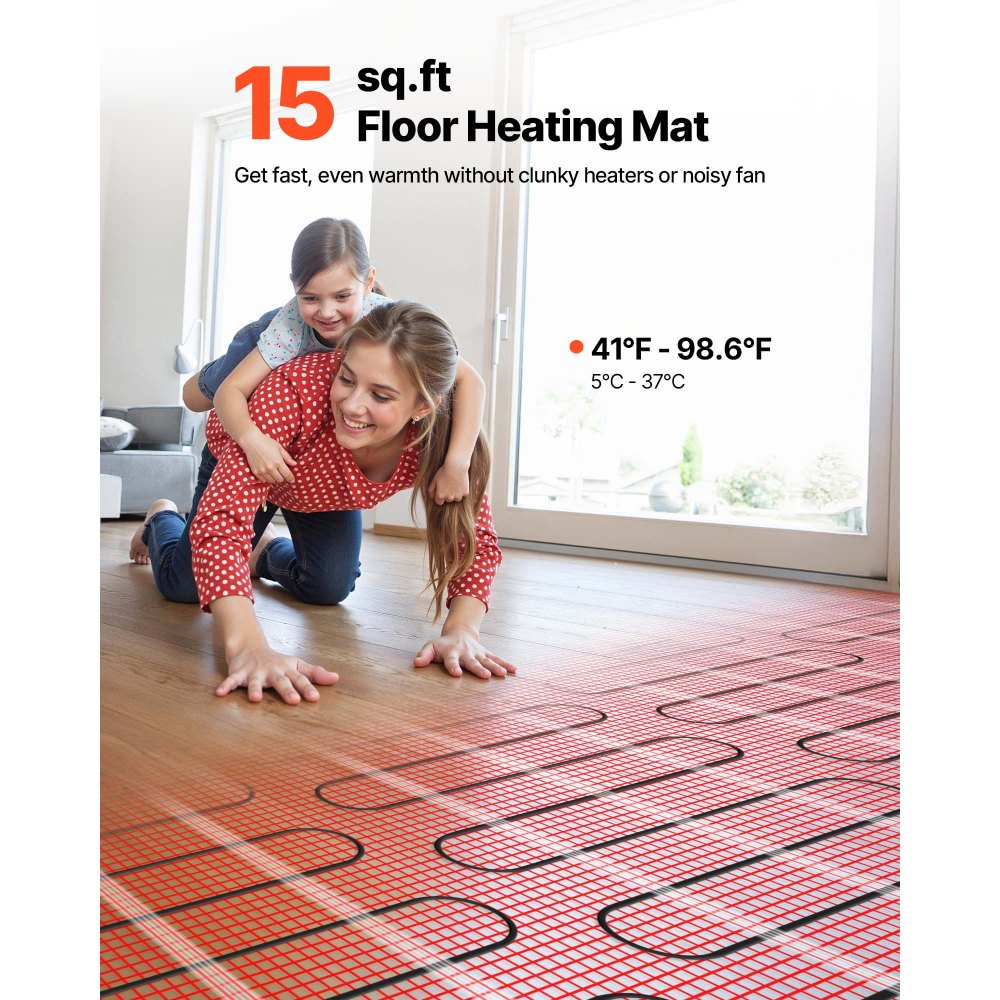 VEVOR 15 sqft Self-Adhesive Mesh Floor Heating Mat System, 120V Electric Radiant Heated Floor System, with Smart